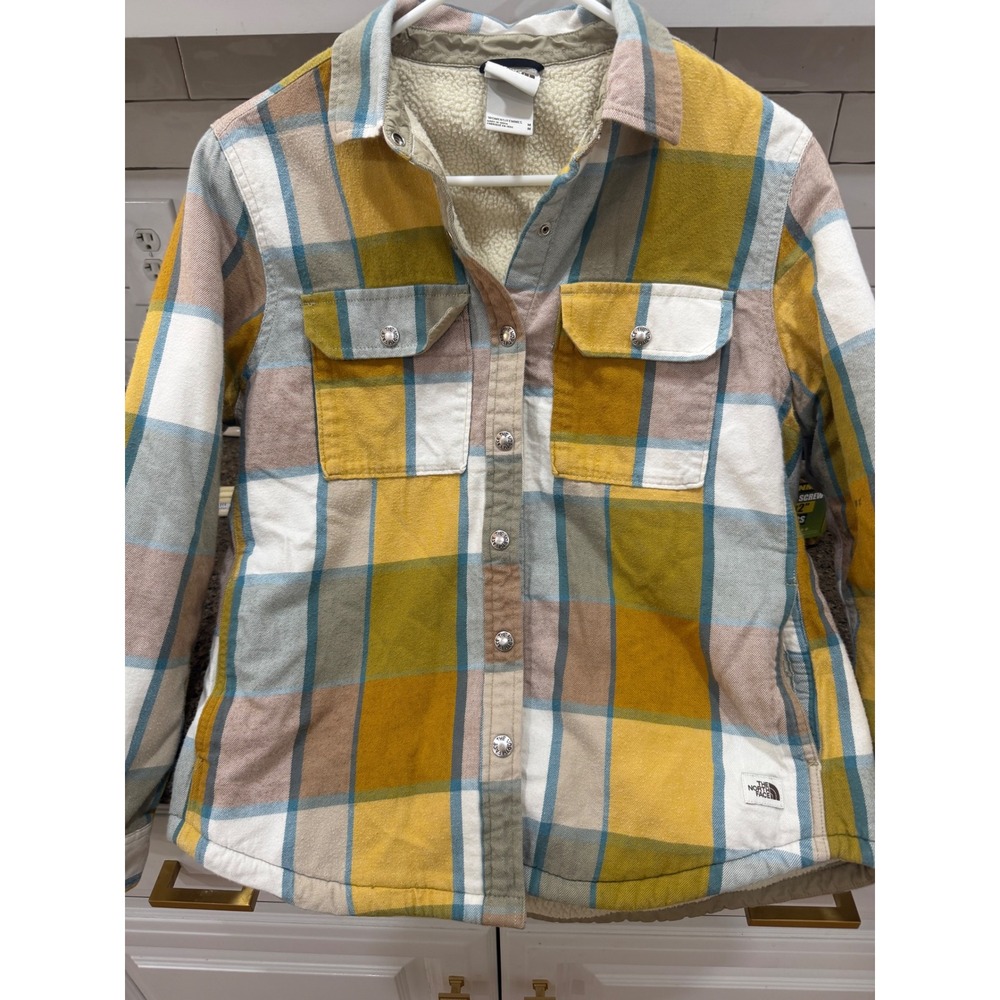 The North Face Womens Sherpa‎ Lined Flannel Shirt Jacket Yellow Plaid Medium.